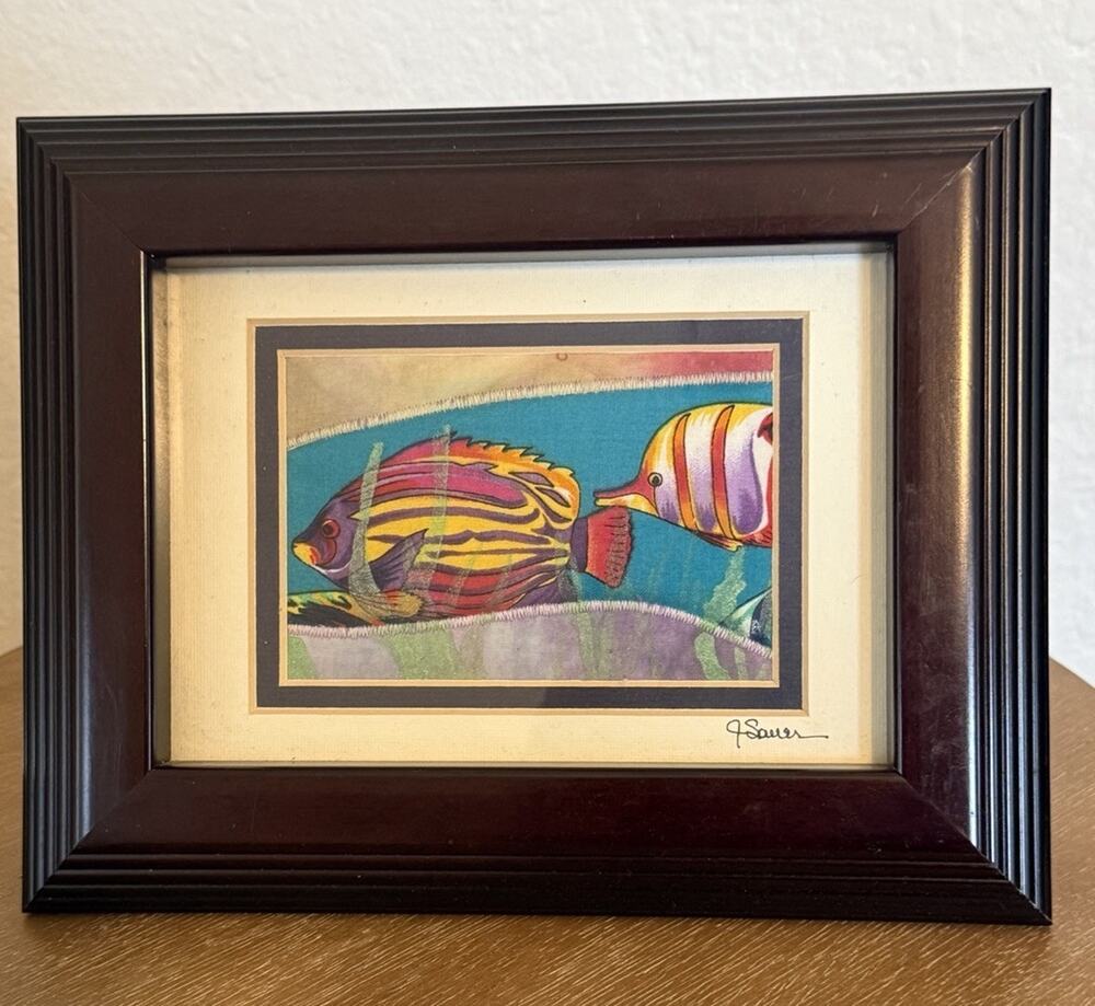 Sauer Signed Tropical Fish Fabric Art Framed Matted Coastal Beach Decor 9x7”